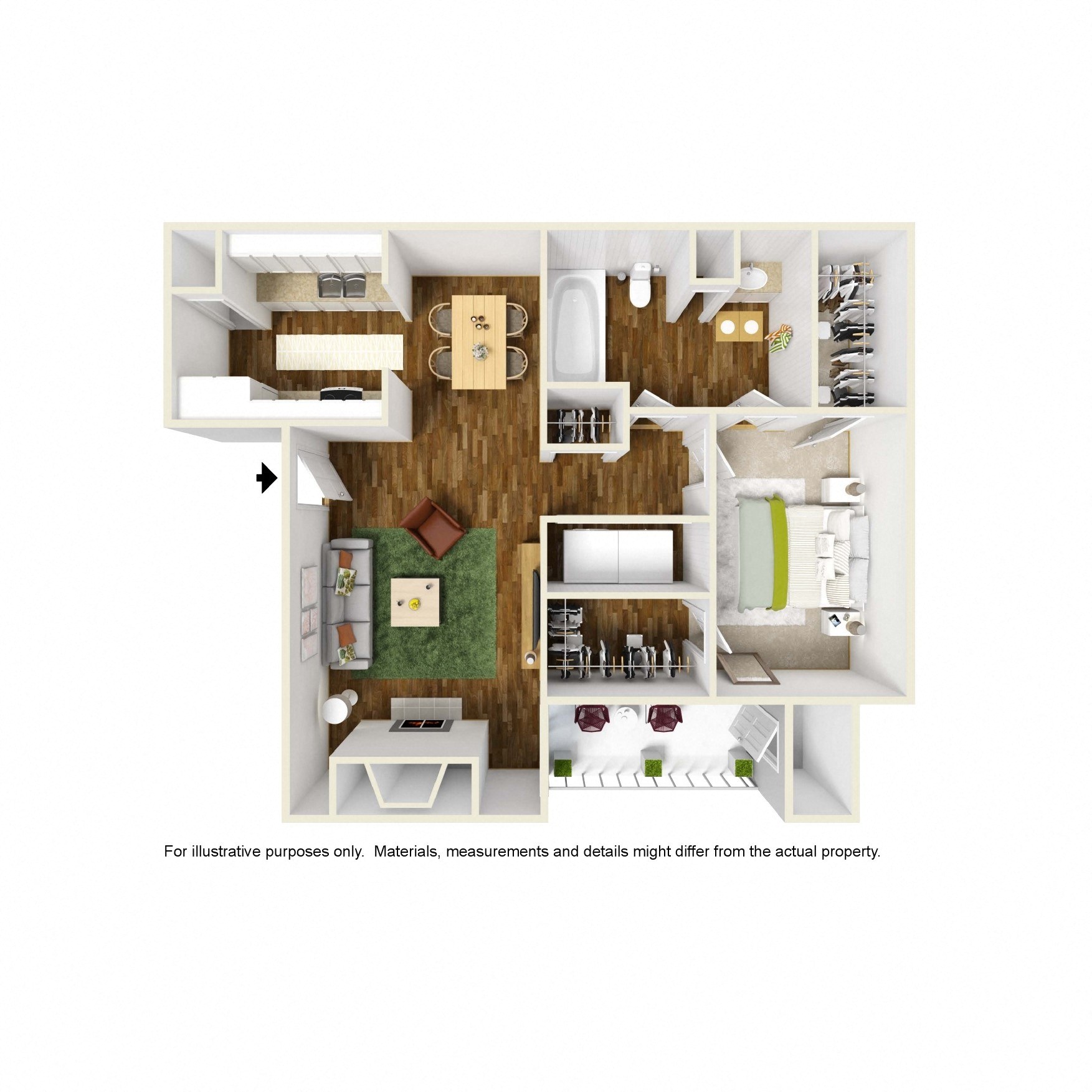 3D rendering furnished of A6 floor plan 1bed, 1bath, and 749sqft, at Windridge on the Parkway in Dallas, TX